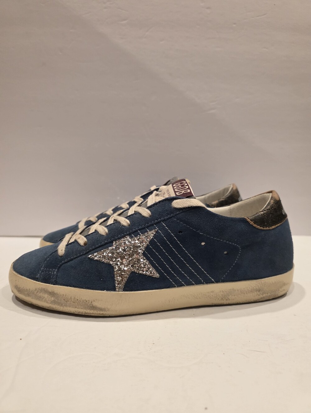 Golden Goose Super-Star Dark Blue Suede Glitter Star Sneakers Women’s Size 40